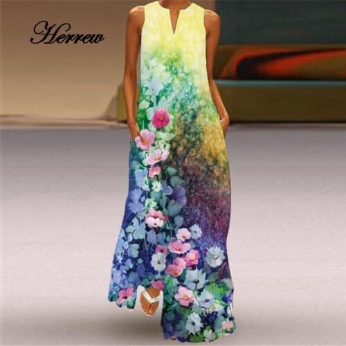 HERREW Ethnic Style Long Dress Women 2021 Casual Loose Plus Size Dresses Summer Beach Woman Sleeveless Girls Maxi Dress Women