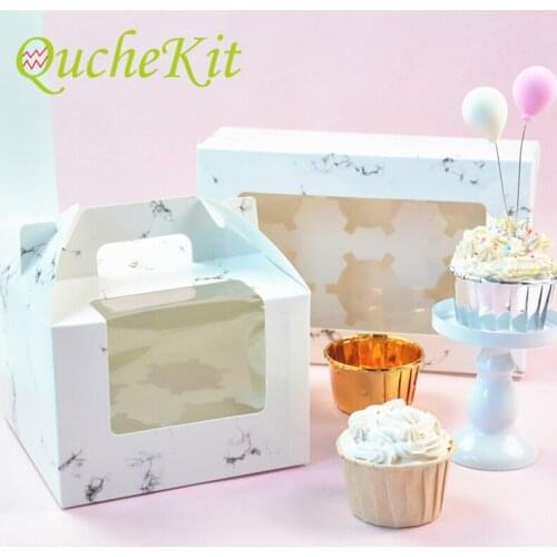 10Pcs Marble Pattern 1/2/4/6 Grain Paperboard Cake Packing Box Muffin Cake Cupcake Packaging Boxes Bakery Pastry Box With Handle