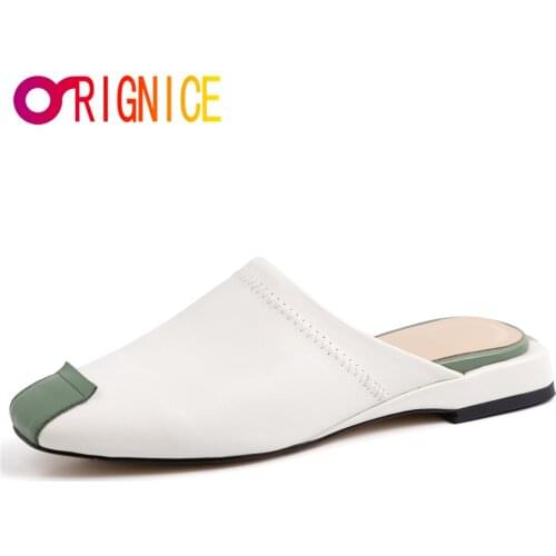 Orignice Concise Women Mules High Quality Genuine Leather Fashion Square Toe Mixed Color Slip On Outdoor Casual Flat Heel Slides