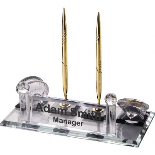 Crystal Glass Desk Name Plate and Pen Desk Stand Set - Personalized Name Plate, Crystal Clock, Custom Engraved Awards, Teachers