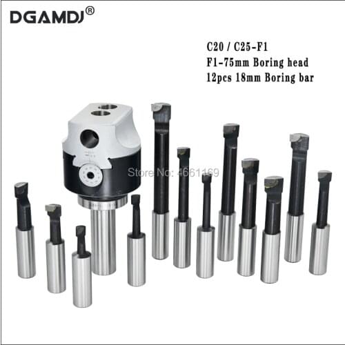 Boring Head Kit C20 C25 F1 Straight Shank CNC Tool Holder 18mm Inner Hole Diameter 75mm 3 Inch Boring Head, 12pcs Boring Bars