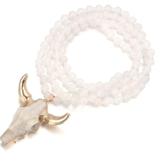 Natural Stone Agates Beads Bull Ox Head Pendant Necklace Choker Charms Handmade Long Necklaces for Women Men Exquisite Jewelry
