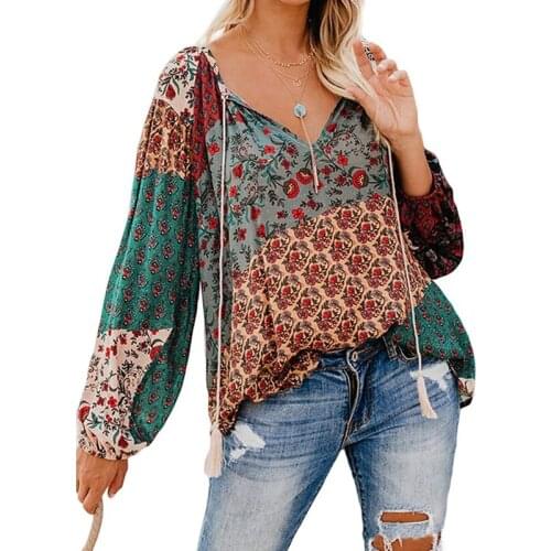 Autumn 2019 flower print large V-neck long sleeve pullover shirt loose drawstring shirt blouse for women Black gray hidden blue