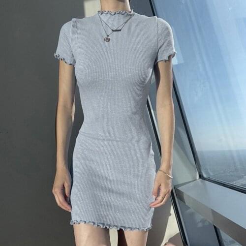 Short Sleeve Dresses Mini Ear Edge Rib Female Round Solid Skirt Slim Y2k Vintage Women Clothes O-Neck Casual 2021 Summer