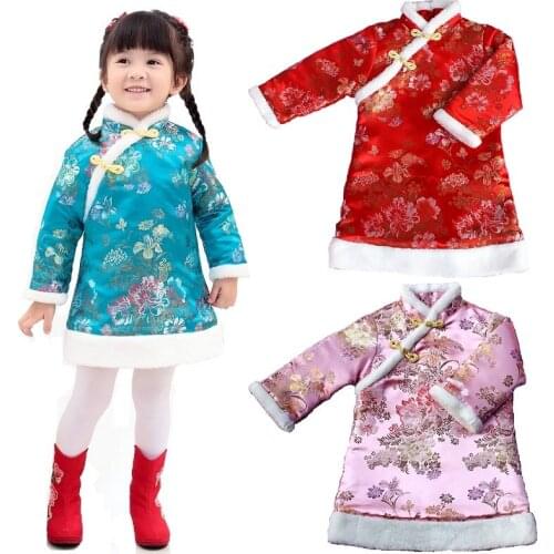 Floral Festival Baby Girls Dress Winter Quilted Warmer Girl Down Jacket Chi-pao Dresses Children Cheongsam Qipao Outwear Blouses