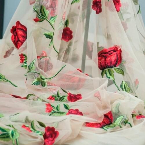 Romantic Embroidery Transparent Mesh Fabric, Rose Flowers, Skin Color, Sewing, Fashion Dress Fabric, Wedding, Craft By The Yard