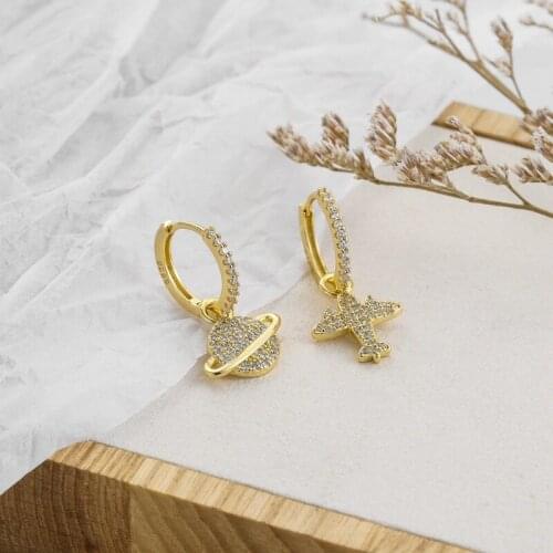 Minar Trendy Bling Bling Cubic Zircon Earrings for Women Girls Cartoon Saturn Airplane Asymmetry Dangle Earrings Lovely Jewelry