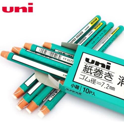 Uni EK-100 Pencil Type Super Eraser 10PCS/BOX Roll Paper Pen Type Eraser Easy To Use Wipe Clean For School & Office Supplies