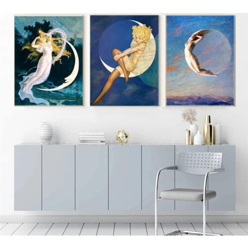 Albert Aublet Moon Goddess Vintage Selene Painting Celestial Luna Antique Posters and Prints Canvas Pictures Home Wall Art Decor
