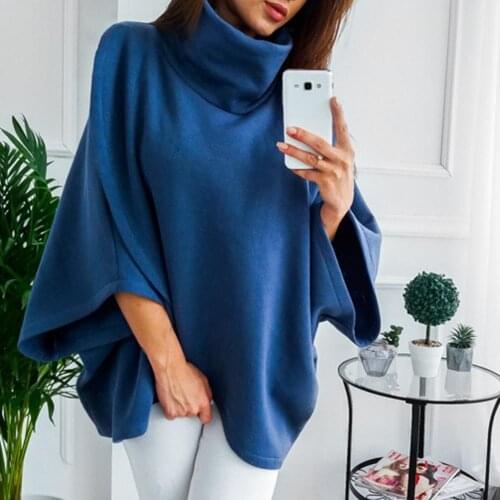 Warm Womens Cloak Solid Color Wrap Cloak Cape Turtle Neck Batwing Sleeve Loose Female Jumper Poncho Coats for Autumn Winter