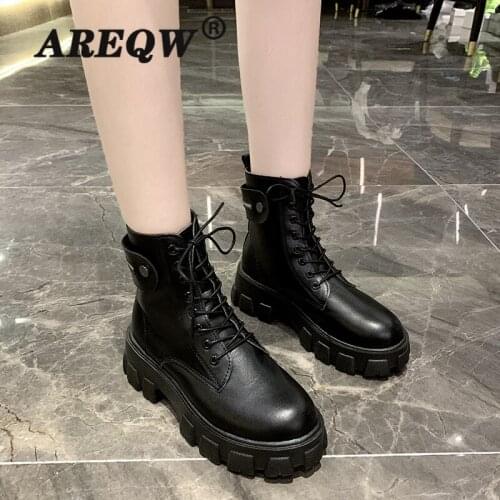 Chunky Platform Ankle Boots for Women 2022 Autumn Winter PU Leather Botas Mujer Thick Sole Lace Up Shoes Woman