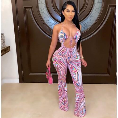 2021 New Women Summer Jumpsuits Tie-Dye Printed Neck-Hanging High Waist Loose Sleeveless Hollow Lace-up Jumpsuit