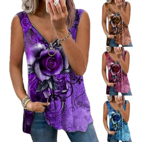Sexy Vest V-Neck Women Vest Rose Print Zipper Summer Loose Sleeveless V Neck Top for Dating Beach Tops Plus Size 3XL