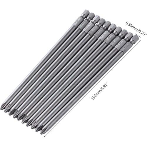 10PCS 1/4'' 150MM Length S2 Steel Magnetic Screwdriver Bits Cross Head PH2 Electric Screwdriver Bit Set M89B