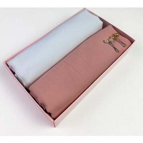 2pc/box Womens Pleated Hijab Heavy Chiffon Scarf Wrap Solid Color Shawls Headband Muslim Hijabs Headscarf Gift Box 180*75cm