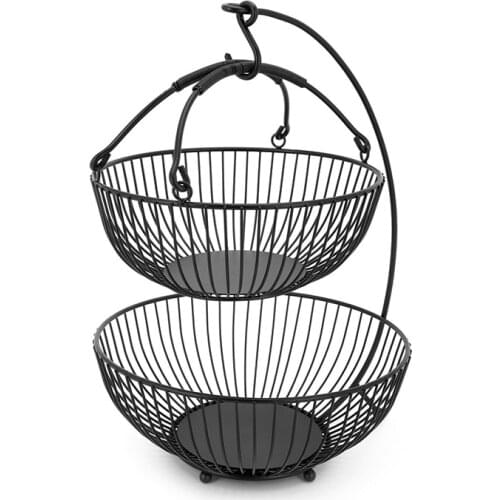 2 Tier Fruit Basket Metal Bowl Stand Holder Kitchen Storage with Banana Hook for Party Food Fruit Candy Dish Shelves