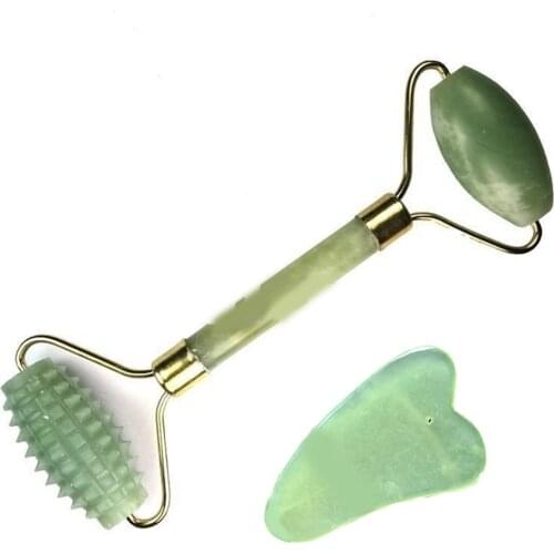 Anti Aging Natural Jade Roller for face and Gua Sha Massage Tool Set Therapy Facial Roller with Double Neck Slimming Massager