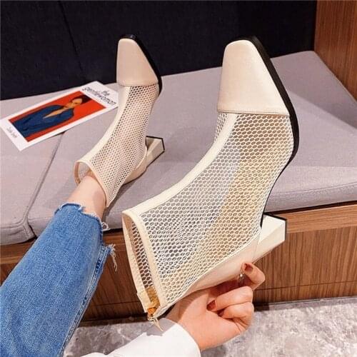 Summer Autumn Leather Women Ankle Boots Fashion Cross Strap High Heel Shoes Woman Zipper Office Lady Street Footwear Beige Black