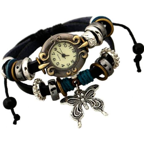 Handmade Butterfly Beads Bracelet Quartz Watch Clock Women Man Lovers Vintage Retro Bracelet Leather Strap Bracelets Dress Watch