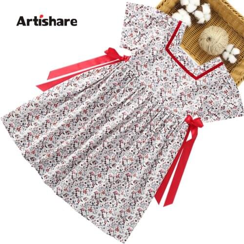 Kids Dresses For Girls Floral Pattern Girl Party Dress Ribbons Kids Dress Summer Clothes For Girls 6 8 10 12 14