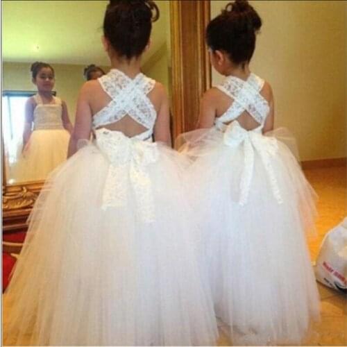 Long Puffy Flower Girl Dress For Wedding Criss-cross Back Sleeveless Kids Formal Wears Communion Gown