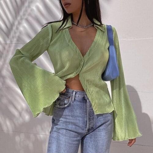 Dourbesty Green Vintage Flare Sleeve Top Shirt Y2K Button up V Neck Blouse Aesthetic Korean Fashion Streetwear Womens Shirts