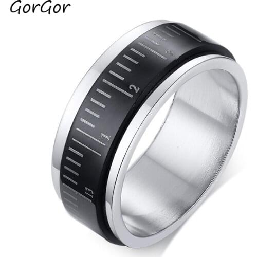 GorGor 2020 High Quality Titanium Steel Ruler Type Can Be Rotatabled Black Color Rings for Fashion Men Jewelry Gift R-522
