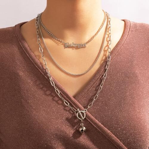 HuaTang Punk Multilayered Letter Pendant Necklace for Women Vintage Silver Color Buckle Clavicle Chain Fashion Jewelry 17630