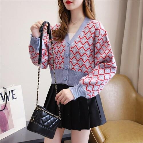 Fashion Full Sleeve Fall 2021 Vintage Patchwork Sweater Women Casual V-neck Cardigan Ladies Loose Knit Cardigans Crop