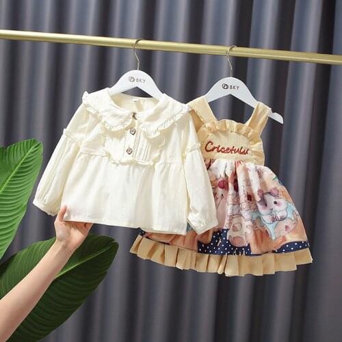 Sweet Girls Princess Lolita Clothes Set Baby Kids Children Autumn Long Sleeve Tops Shirt+Printed Cartoon Overall Dress ADK428