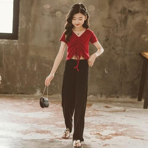 Girl Clothing Suits 2021 Kids Clothes Set Summer Girls Tops and Loose Pants Baby Red Black 6 8 10 12 14 16 Years Children