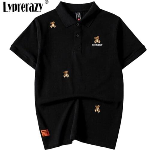 Lyprerazy Summer Teedy Bear Embroidery Polo Shirt Streetwear Casual Original Tops Short Sleeve Turn-down Collar T-shirt Male