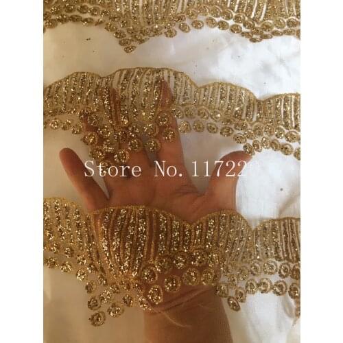 Fashionable glued glitter Guipure Lace JRB-022 African Cord Lace Fabric with gold glued glitter sequins