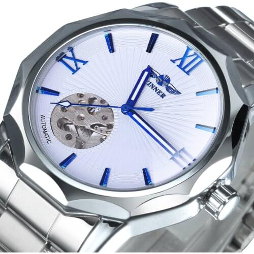 WINNER Official Blue Automatic Watch Men Exotic Skeleton Dial Geometry Mechanical Fashion Casual Mens Watches Top Brand Luxury