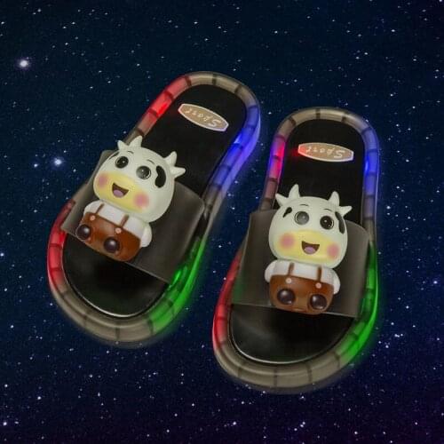 2021 NEW Children LED Garden Shoes Kids Slippers Baby Bathroom Sandals Shoes for Girl Light Luminescence Cartoon cattle Black