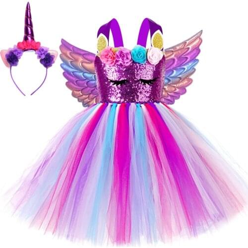 Sequined Purple Unicorn Dress for Girls Princess Unicorns Birthday Dresses with Wing Headband Halloween Costume for Kids Outfits