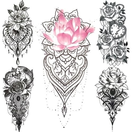 Sexy Lotus Flower Temporary Tattoo For Women Fake Jewelry Designs Black Sexy Tattoos Peony Waterproof Henna Tatoo Sheets Chest