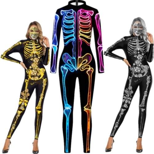 Skeleton Skull Ghost Silm Jumpsuit Catsuit Sexy Women Men Cosplay Costumes Halloween Bodysuit
