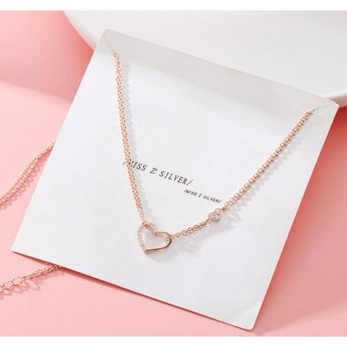 Sweet 925 Sterling Silver Double Layer Zircon Heart Clavicle Chain Necklaces for Women Girl Party Birthday Jewelry Gift