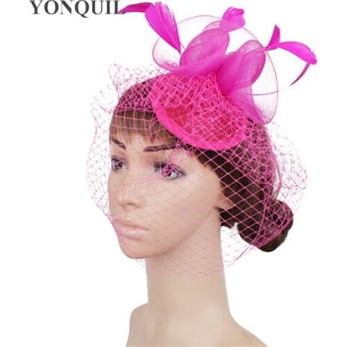 Dinner Party Wedding Rose Fascinators Hat Hot Pink Headbands Bridal Mesh Millinery Hair Clips Vintage Sombreros Accessory SYF450