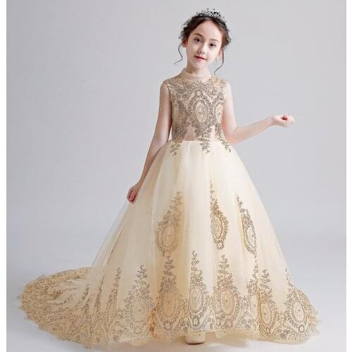 Gold Sequin Party Girls Evening Dress Performance Flower Girl Dress For Girls Pageant Costume Princess Dress Wedding Ball Gown