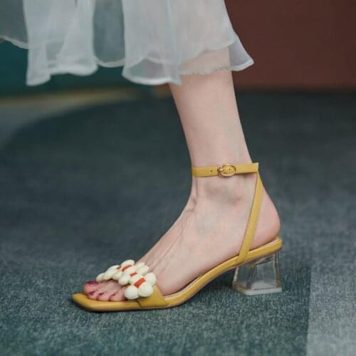 MEZEREON womens sandals 2021 Fashion Buckle Strap Women Shoe With Flowers Brand Design Square Heel TPR Bottom ZA Woman 2021