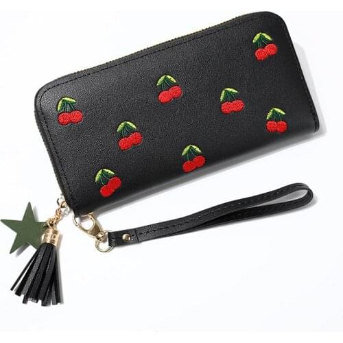 Purse Femme 2021 Fashion Tassel Women Wallet Long Leather Cherry Ladies Wallets Embroidered Zipper Clutch
