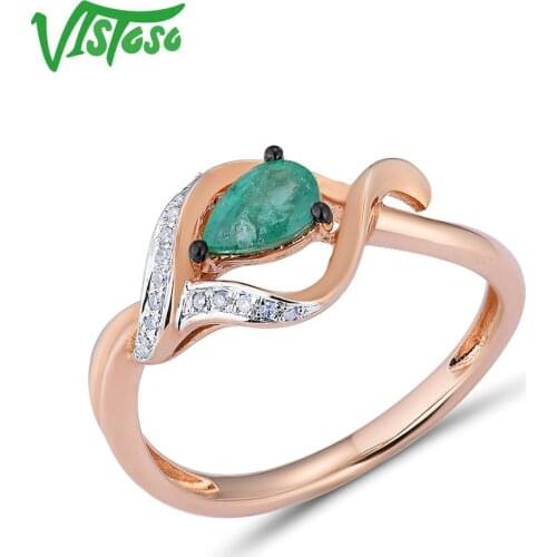 VISTOSO Gold Rings For Women Genuine 14K 585 Rose Gold Ring Magic Emerald Sparkling Diamond Engagement Anniversary Fine Jewelry