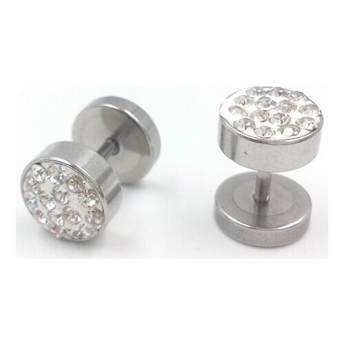 1Pair Barbell Punk Ear Studs Trendy Round Stainless Steel Crystal Rhinestone Stud Earrings
