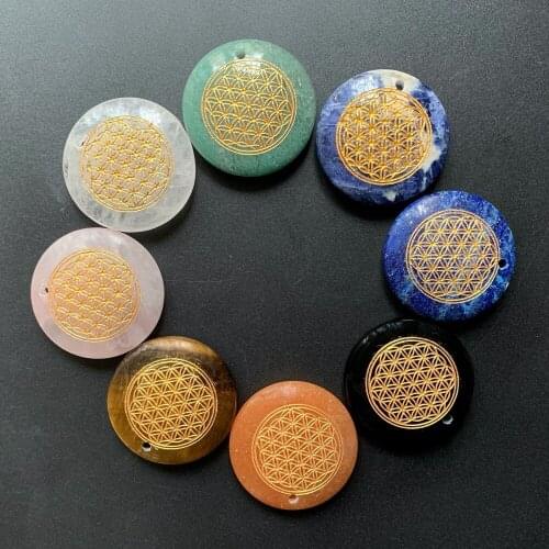 Carved Flower of Life Sacred Geometry Pendant Natural Healing Stone Crystals for Crafts Decoration Round Shape Dropship 1pc