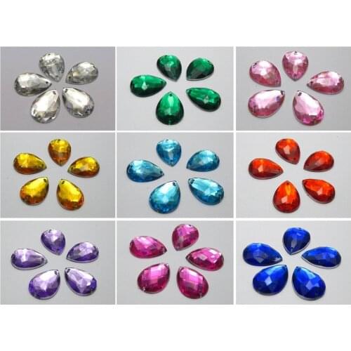 100 Mixed Colour Flatback Acrylic TearDrop Rhinestone Button 18mm Sew on beads