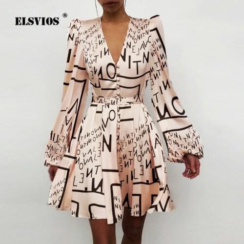 2021 New Women Elegant Temperament Slim A-line Dress Sexy V-Neck Lantern Sleeves Buttons Satin Dress Spring Ladies Party Dresses