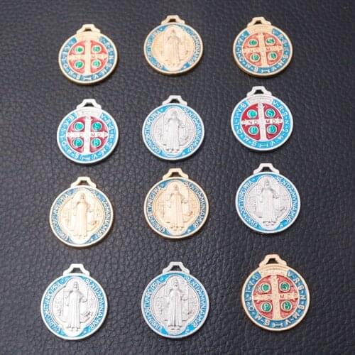 4pcs Blue Enamel Christian Sacramental Pendant Saint Benedict Medal Cross Crucifix Charm DIY Jewelry Handicraft Making A1168