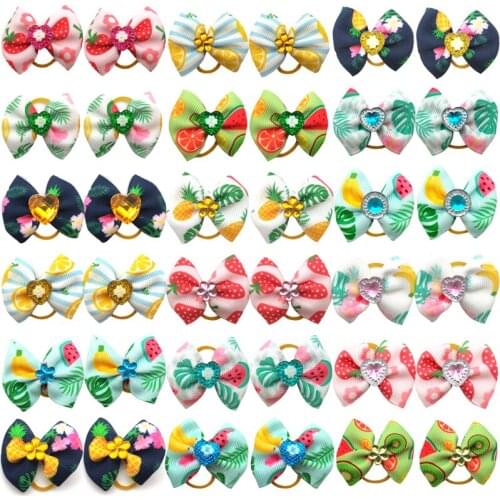 50/100 Pcs Pet Dog Hair Accessories New Handmade Fruit Patterns Dog Hair Bows Rubber Bands Summer Teddy Yorkson Dog Hair Bows